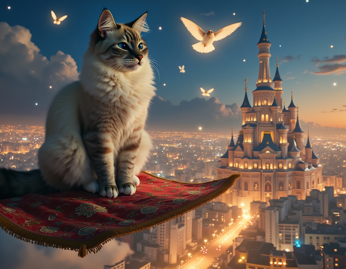 Cat sits on a flying carpet, soaring above a magical city illuminated by sparkling lights. The cat gazes at shimmering buildings and magical creatures floating around it
